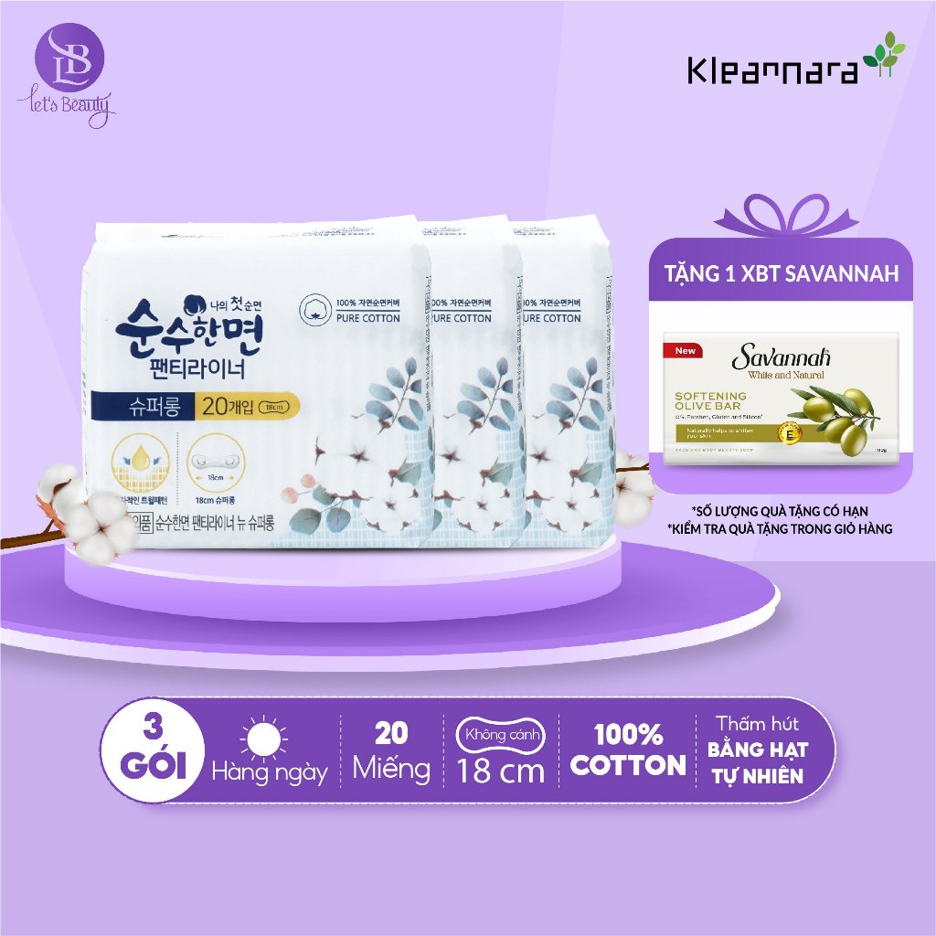 Combo 3 gói băng vệ sinh Kleannara Soonsoohan Hàn Quốc siêu mỏng hàng ngày 18cm - 20 miếng/gói không cánh