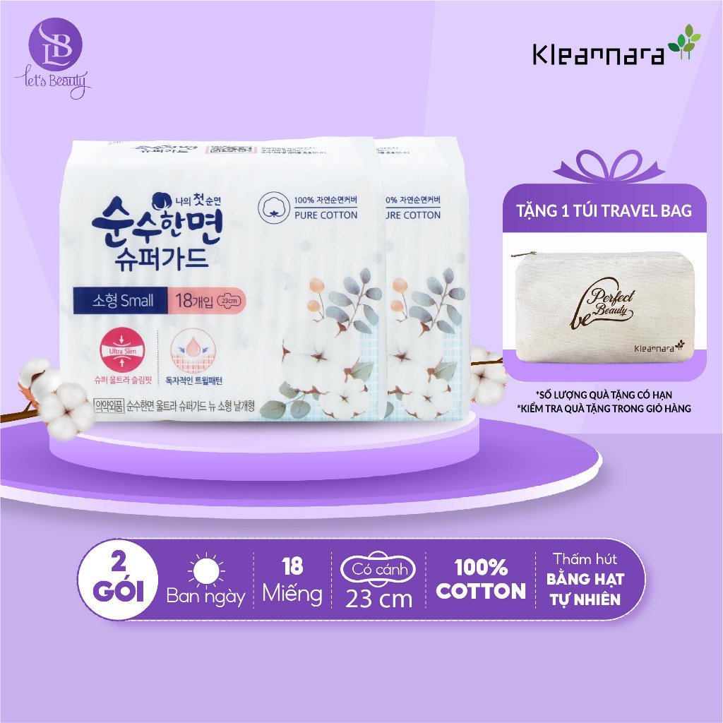 Combo 2 gói băng vệ sinh Kleannara Soonsoohan Hàn Quốc siêu mỏng ban ngày size S 23cm - 18 miếng/gói có cánh