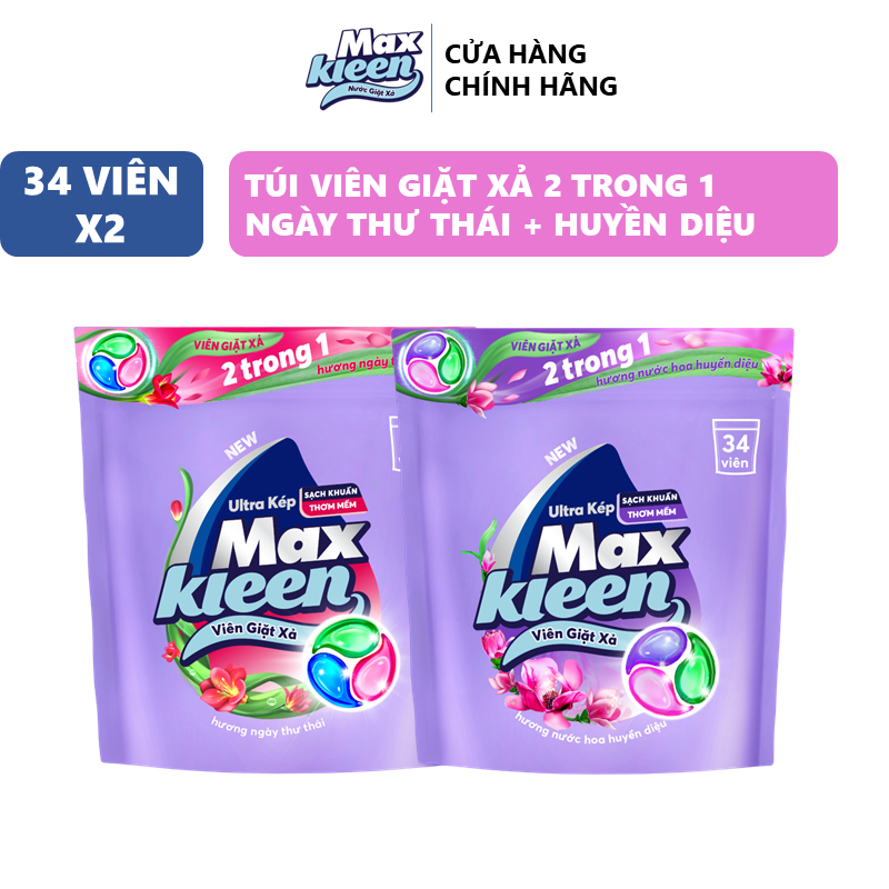 [Giá chỉ còn 156k sau voucher] CB 2 Túi Viên Giặt Xả Maxkleen Ngày Thư Thái & Huyền Diệu (34v/túi) 