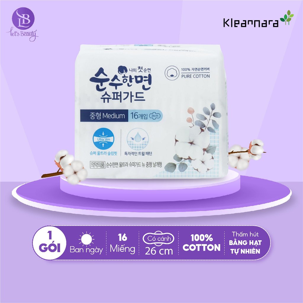 Băng vệ sinh Kleannara Soonsoohan Superguard Hàn Quốc siêu mỏng cánh ban ngày size M 26cm - 16 miếng/gói