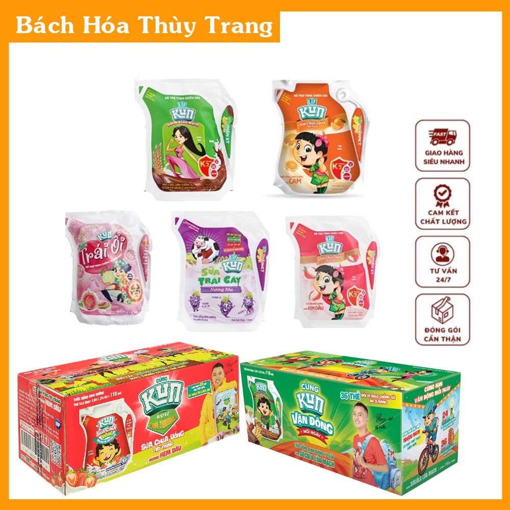 Sữa Kun túi 110ml (thùng 24 túi) đủ vị