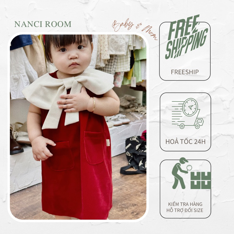 Váy đỏ nhung cổ nơ em bé nanci room