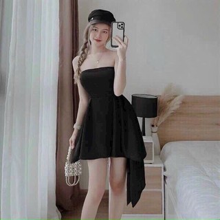Váy cúp ngực dáng xòe phối bèo tua sang chảnh, Đầm UMI cao cấp màu đen sang trọng cho nàng đi chơi dự tiệc