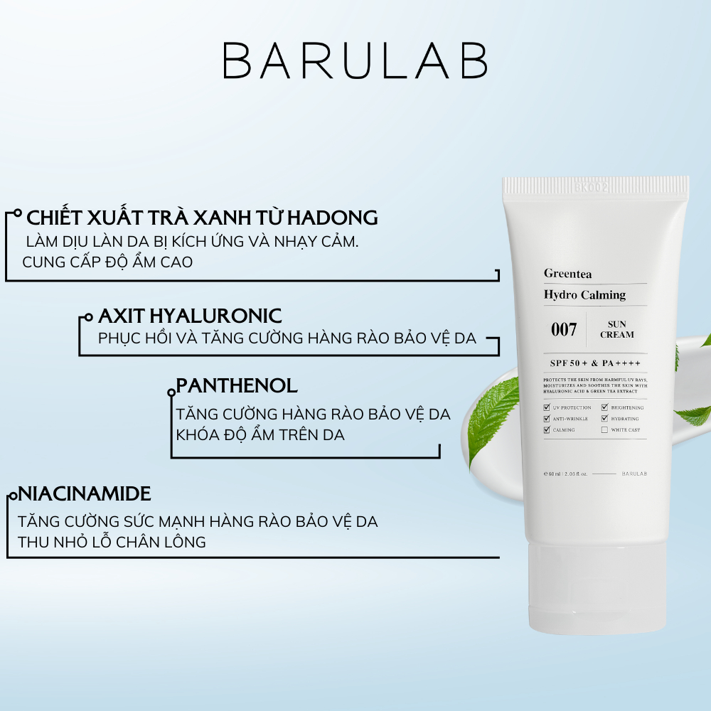 Kem Chống Nắng Dưỡng Da Tinh Chất Trà Xanh Barulab Greentea Hydro Calming SPF50+ PA++++ 60ml