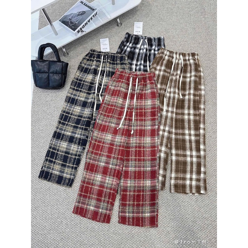 Quần ống suông, quần ống rộng thiết kế lưng cao kèm dây rút chất dạ dày dặn hoạ tiết kẻ hot trend phong cách hàn quốc