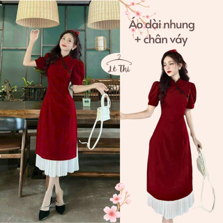 Áo dài nhung đỏ cổ tàu tay phồng + chân váy xếp ly, áo dài cách tân mặc tết siêu xinh|Lê Thi Clothing