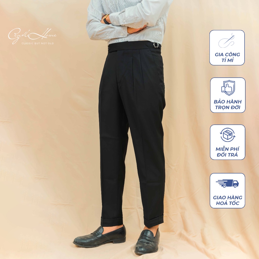 Quần Âu Nam cạp Sidetab GENTLE HOME màu đen cao cấp vải chống nhăn giữ ly tốt công sở