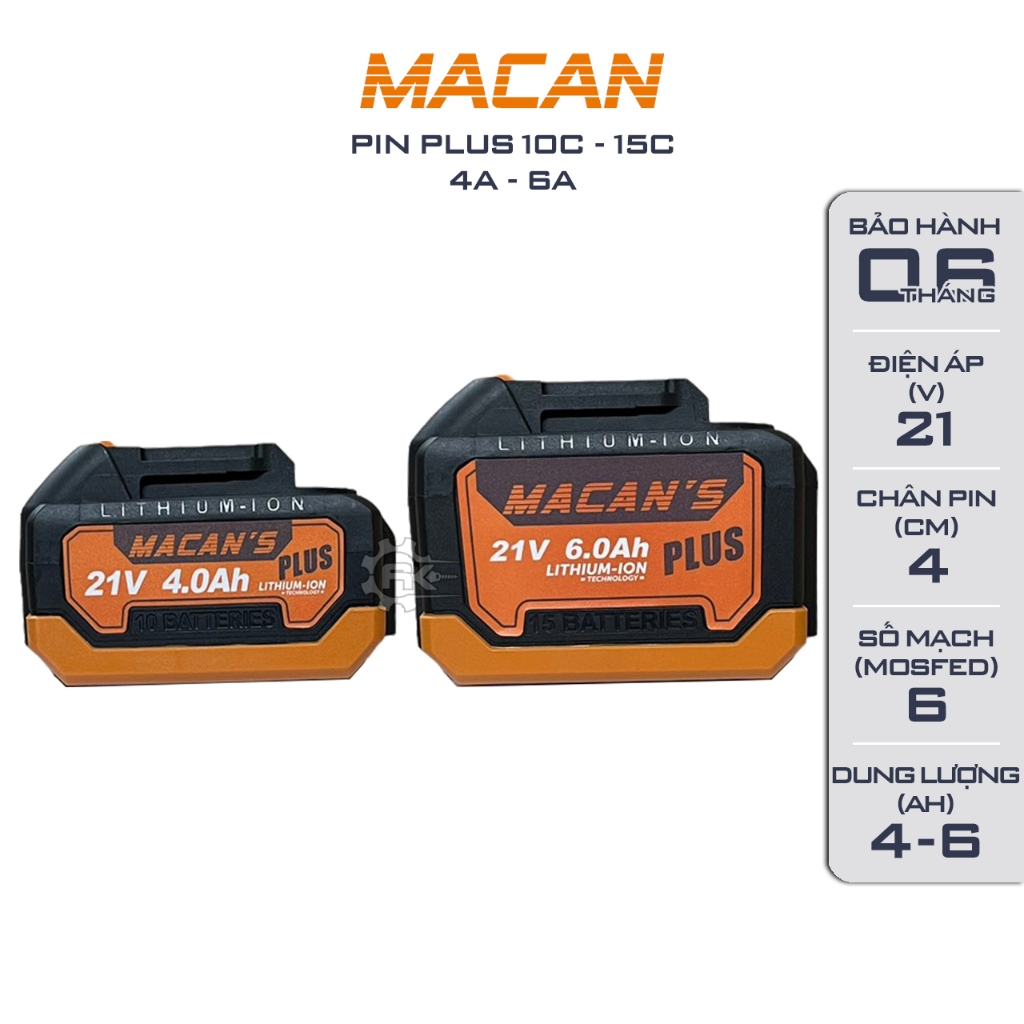 Pin MACAN Plus 10 cell, 15 cell Mạch 6 mosfed, Chân pin phổ thông 4cm Dung lượng 4A - 6A