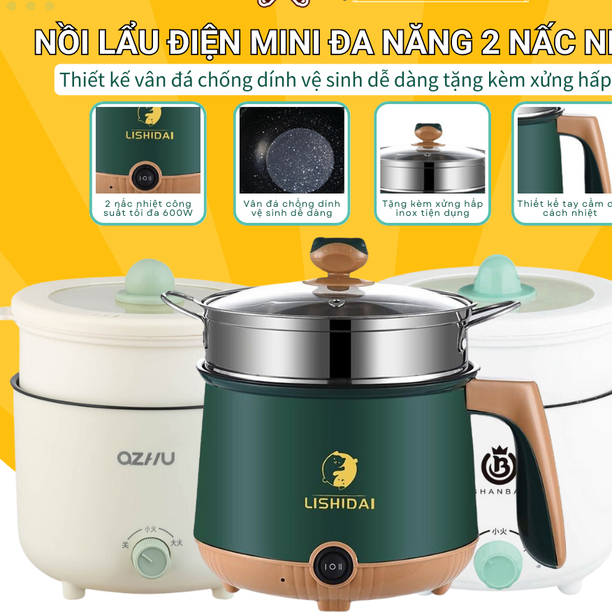 NỒI LẨU MINI ĐIỆN ĐA NĂNG KÈM HẤP, RÁN,CHIÊN SHABAN CHÍNH HÃNG