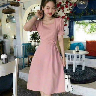 Đầm Xòe Cổ Vuông Nữ Công Sở Tay Bồng Đính Hoa XRT0101