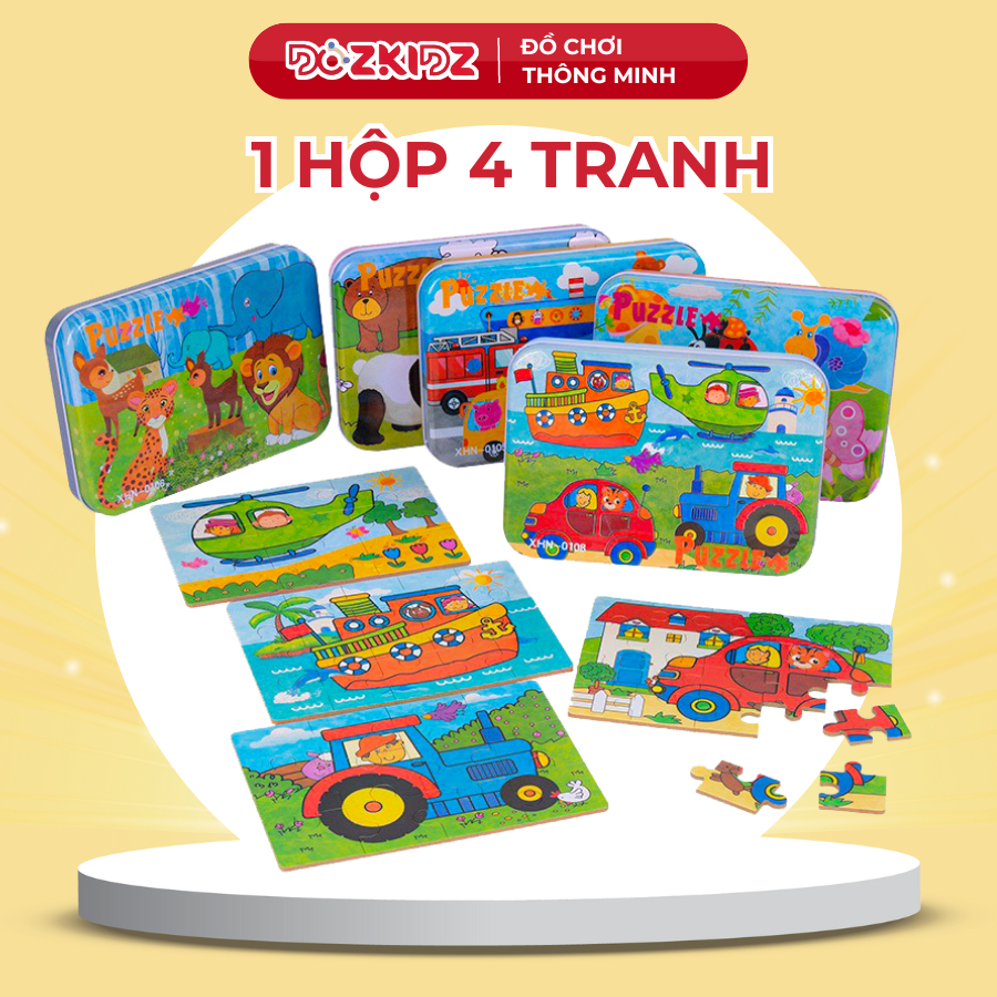 Đồ chơi tranh ghép hình gỗ 1 hộp 4 tranh  4 cấp độ từ dễ đến khó cho trẻ từ 2 tuổi trở lên - Dozkidz