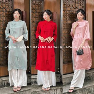 Áo dài cách tân nữ lụa trơn đính nơ kèm quần phối màu HAVANA AD27