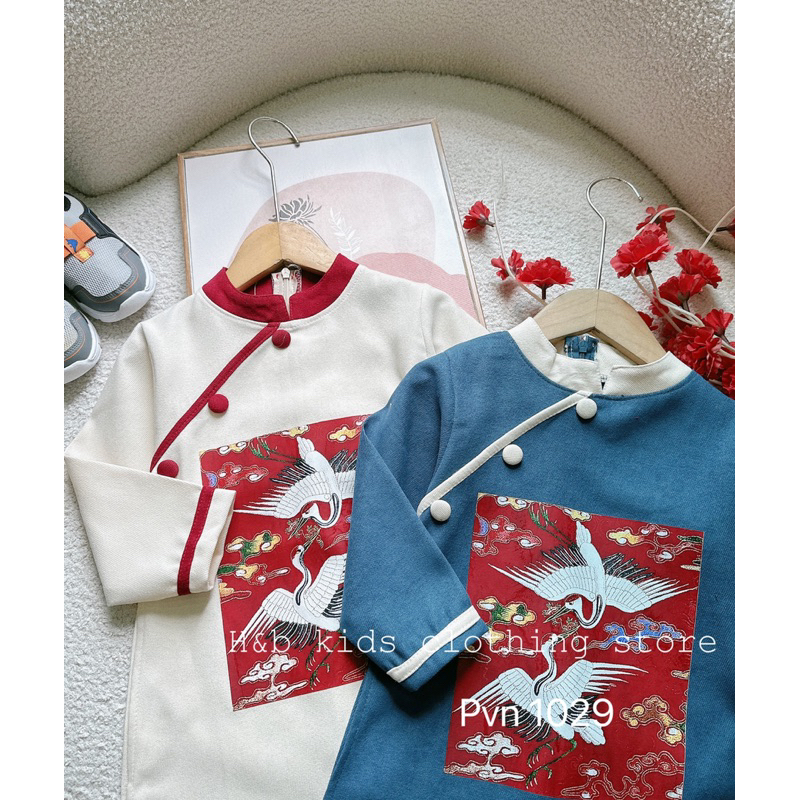 Áo dài cách tân tết nhung lì hình hạc - rồng cho bé trai