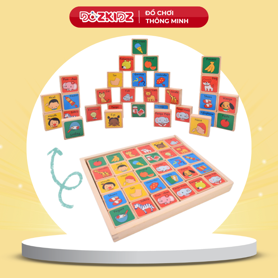 Đồ chơi gỗ thông minh, bảng gỗ xếp 26 chữ cái Tiếng Anh kèm từ vựng cho bé - DOZKIDZ