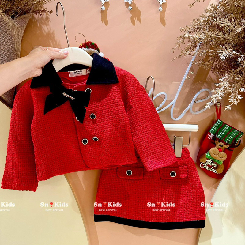 Set váy dạ đỏ nơ đen bé gái