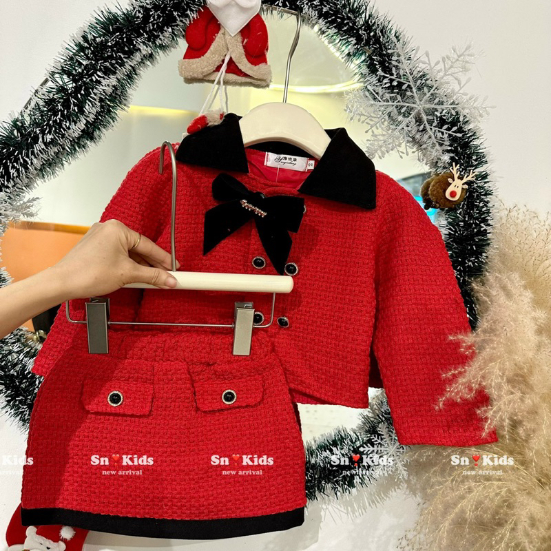 Set váy dạ đỏ nơ đen bé gái