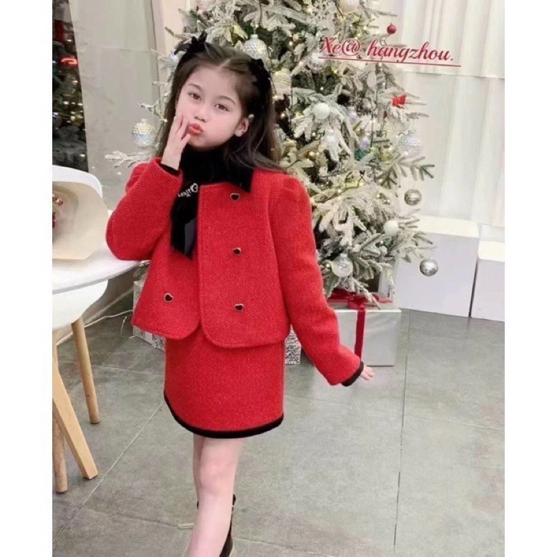 Set váy dạ đỏ nơ đen bé gái