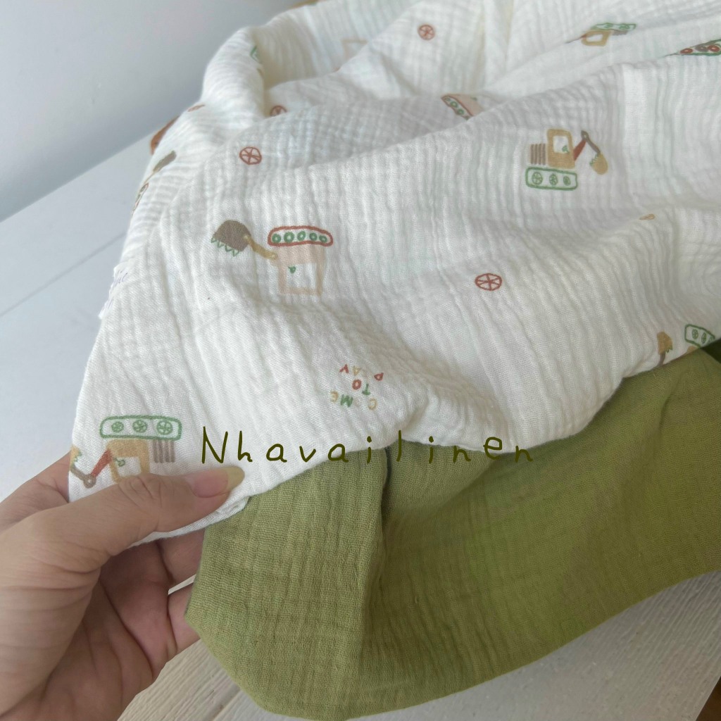 Vải xô muslin cao cấp 2 lớp hoạ tiết xe cẩu mềm mịn thấm hút mồ hôi - Nhà vải linen