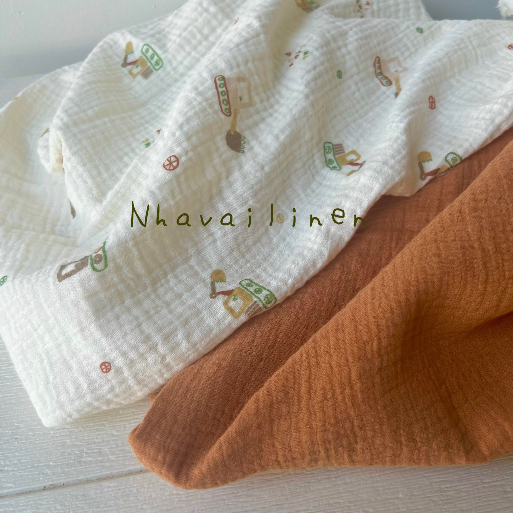 Vải xô muslin cao cấp 2 lớp hoạ tiết xe cẩu mềm mịn thấm hút mồ hôi - Nhà vải linen