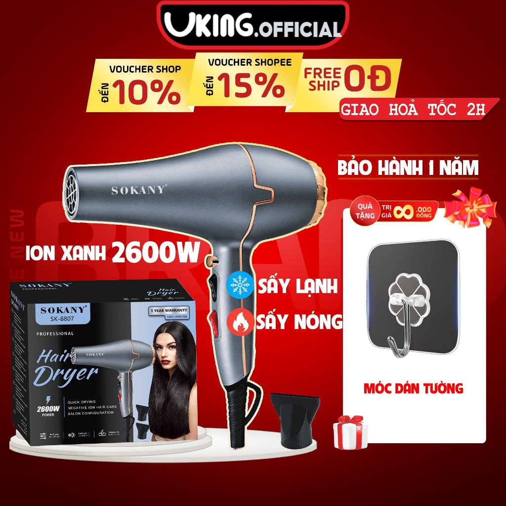 Máy sấy tóc SOKANY siêu mạnh nóng lạnh công suất lớn 2600W tặng kèm đầu dẹt giúp giảm gãy rụng tóc
