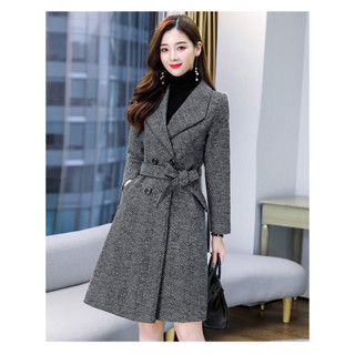   Yumi Shop  Áo Khoác Nữ Dạ Kẻ Xương Cá Dáng Măng Tô 