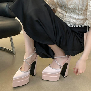 Giày cao gót đế đúp 15cm gót trụ bọc satin mũi nhọn phối dây đính đá order cece.store