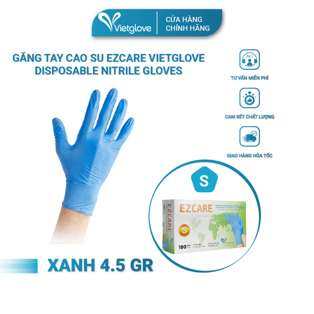 Găng tay cao su Ezcare Vietglove Disposable Nitrile Gloves 4.5 gram size S màu xanh đậm 100 chiếc