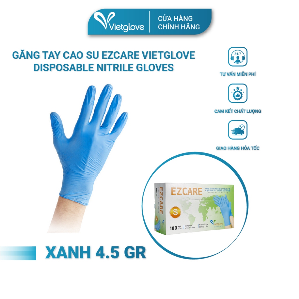 Găng tay cao su Ezcare Vietglove Nitrile Gloves dùng trong thực phẩm, không bột, màu xanh, 100 chiếc