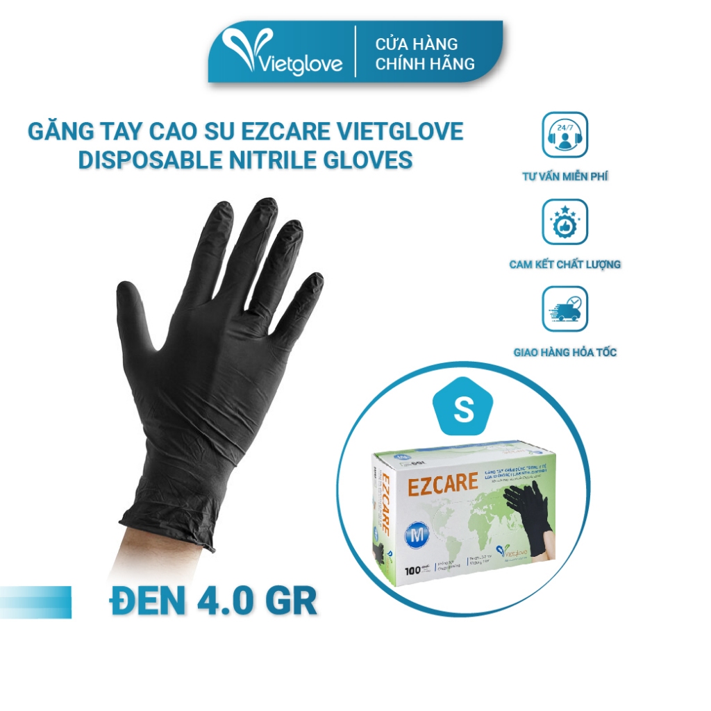 Găng tay cao su Ezcare Vietglove Disposable Nitrile Gloves 4.0 gram size S màu đen 100 chiếc
