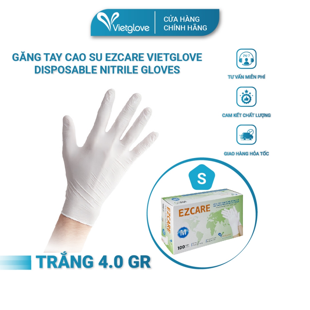 Găng tay cao su Ezcare Vietglove Disposable Nitrile Gloves 4.0 gram size S màu trắng 100 chiếc