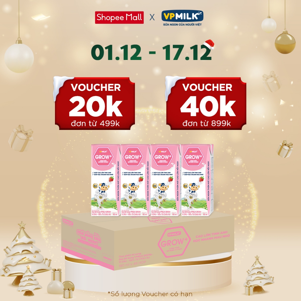 Sữa tiệt trùng VPMilk Grow+ vị dâu 180ml (thùng 48 hộp)