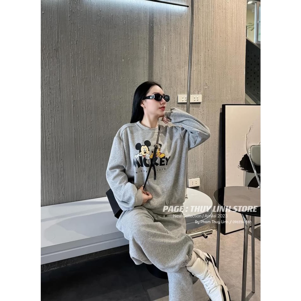 Set đồ nữ Set nỉ bông dài tay in hình mickey 2 màu Siêu ẤM
