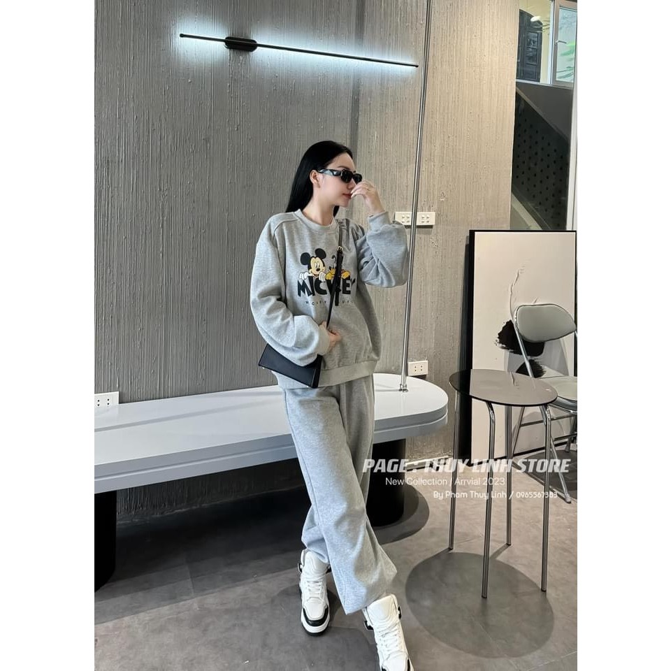 Set đồ nữ Set nỉ bông dài tay in hình mickey 2 màu Siêu ẤM