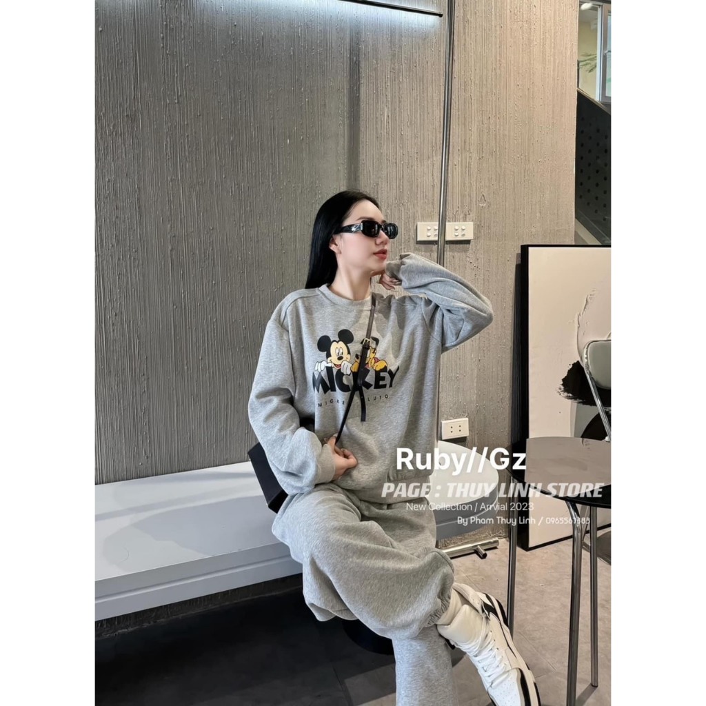 Set đồ nữ Set nỉ bông dài tay in hình mickey 2 màu Siêu ẤM