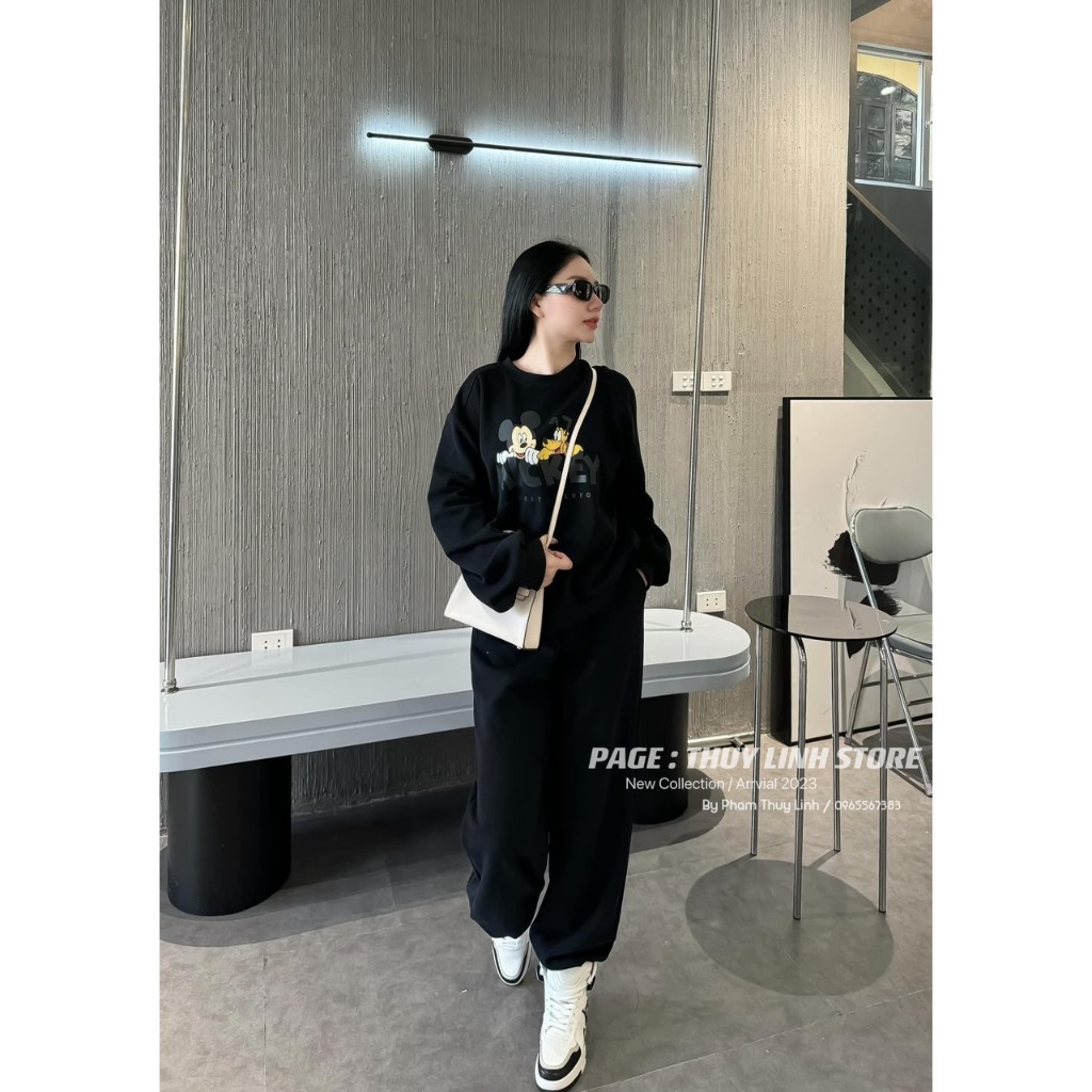 Set đồ nữ Set nỉ bông dài tay in hình mickey 2 màu Siêu ẤM