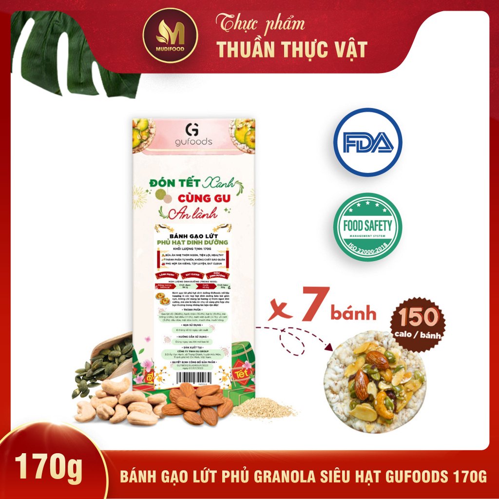 Bánh Gạo Lứt Phủ Granola Siêu Hạt Gufoods Hộp 170g - Thực Phẩm Bổ Sung Dinh Dưỡng Cho Mẹ Bầu, Người Ăn Chay, Healthy