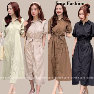 Đầm Sơ Mi Nữ Thắt Eo Tay Bồng Sora Fashion,Đầm Bigsize Nữ Dáng Suông Kèm Đai Chất Liệu Kaki Hàn 123