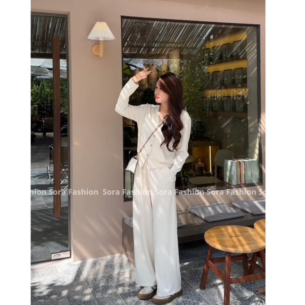 Set Nữ Bigsize Phối Cúc Ngọc Sora Fashion,Set Bộ Nữ Áo Khoác Dài Tay Kèm Quần Dài Chất Liệu Tăm Nỉ 114