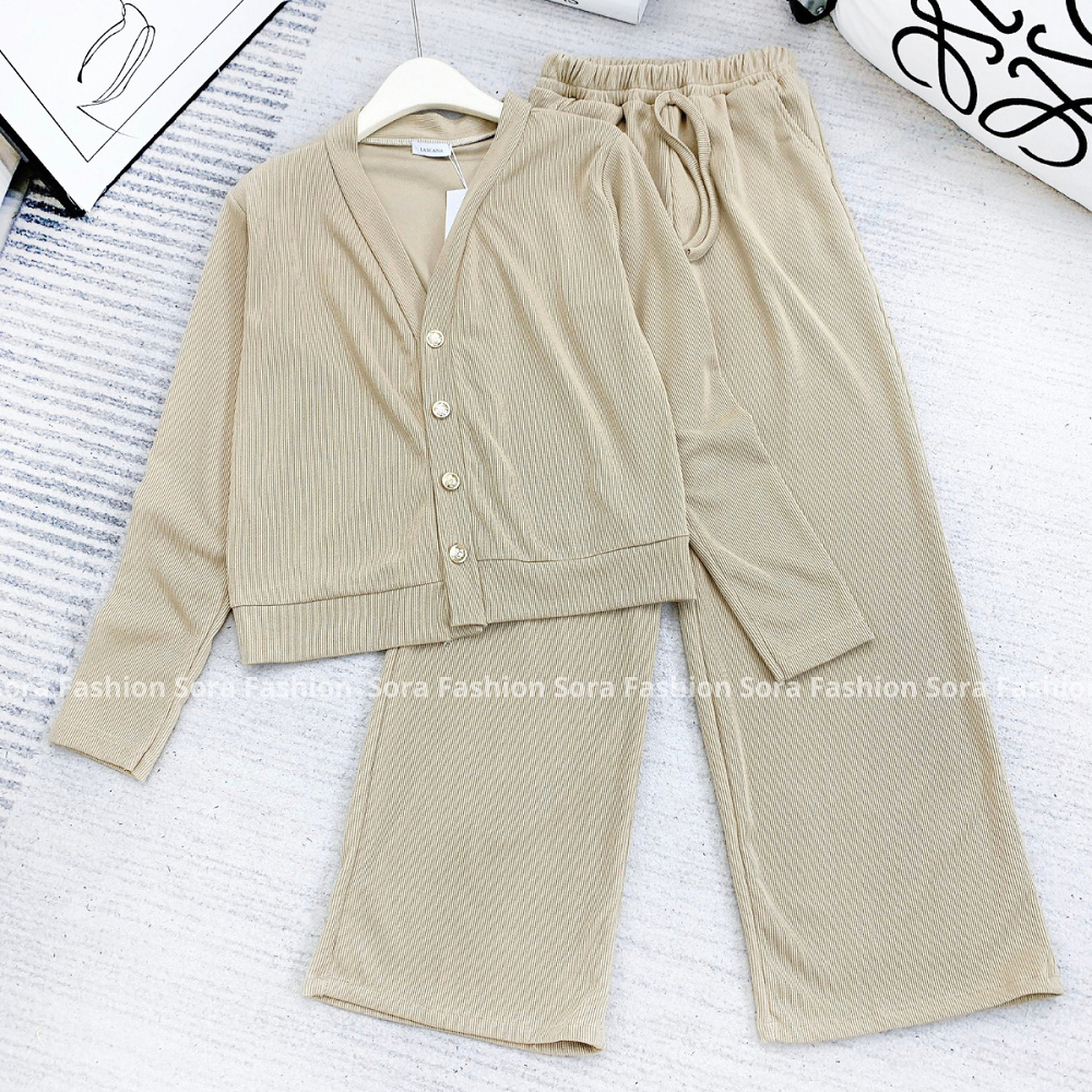 Set Nữ Bigsize Phối Cúc Ngọc Sora Fashion,Set Bộ Nữ Áo Khoác Dài Tay Kèm Quần Dài Chất Liệu Tăm Nỉ 114