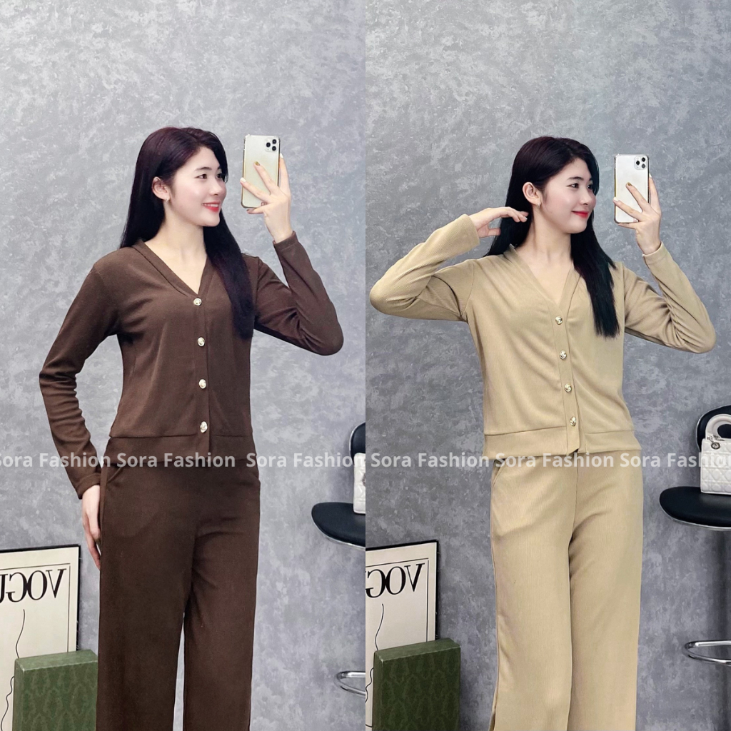 Set Nữ Bigsize Phối Cúc Ngọc Sora Fashion,Set Bộ Nữ Áo Khoác Dài Tay Kèm Quần Dài Chất Liệu Tăm Nỉ 114