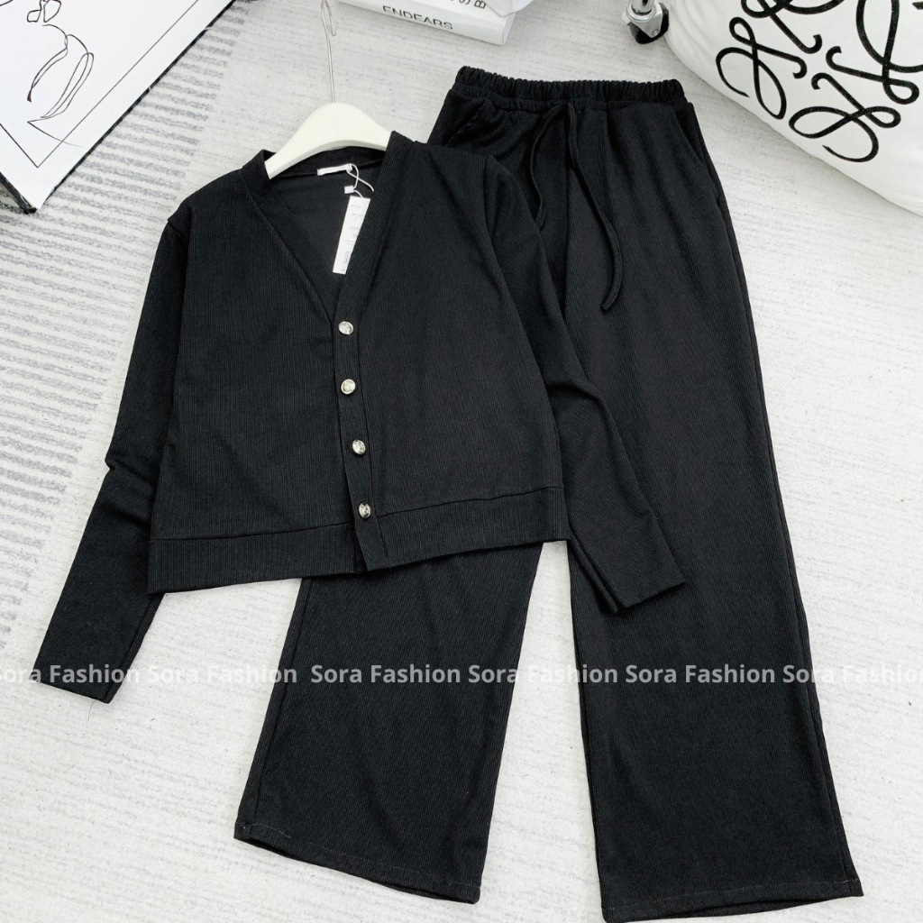 Set Nữ Bigsize Phối Cúc Ngọc Sora Fashion,Set Bộ Nữ Áo Khoác Dài Tay Kèm Quần Dài Chất Liệu Tăm Nỉ 114