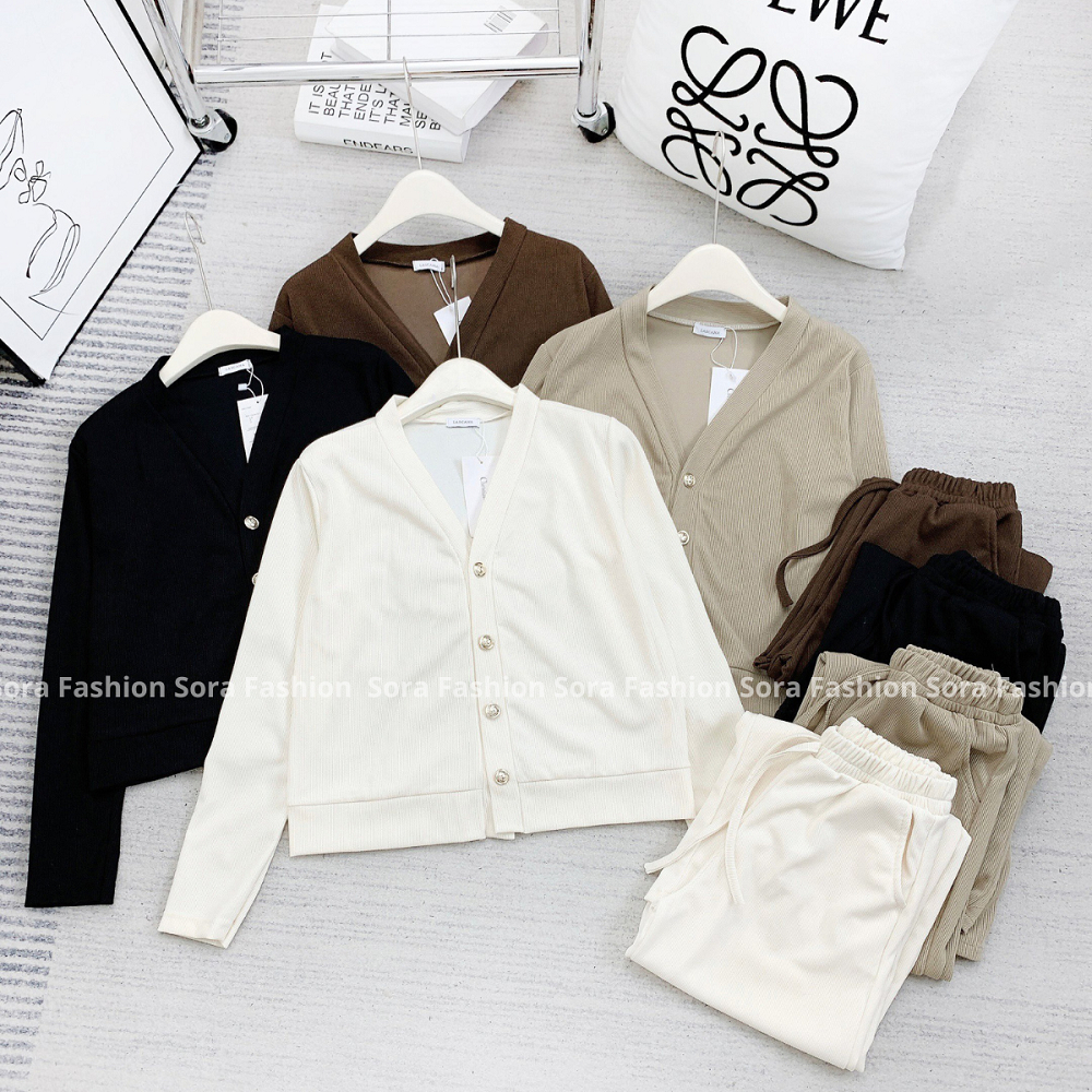 Set Nữ Bigsize Phối Cúc Ngọc Sora Fashion,Set Bộ Nữ Áo Khoác Dài Tay Kèm Quần Dài Chất Liệu Tăm Nỉ 114