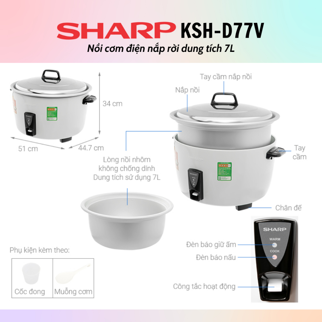 [HỎA TỐC] Nồi Cơm Điện Nắp Rời Sharp KSH-D77V (7L) - Hàng chính hãng