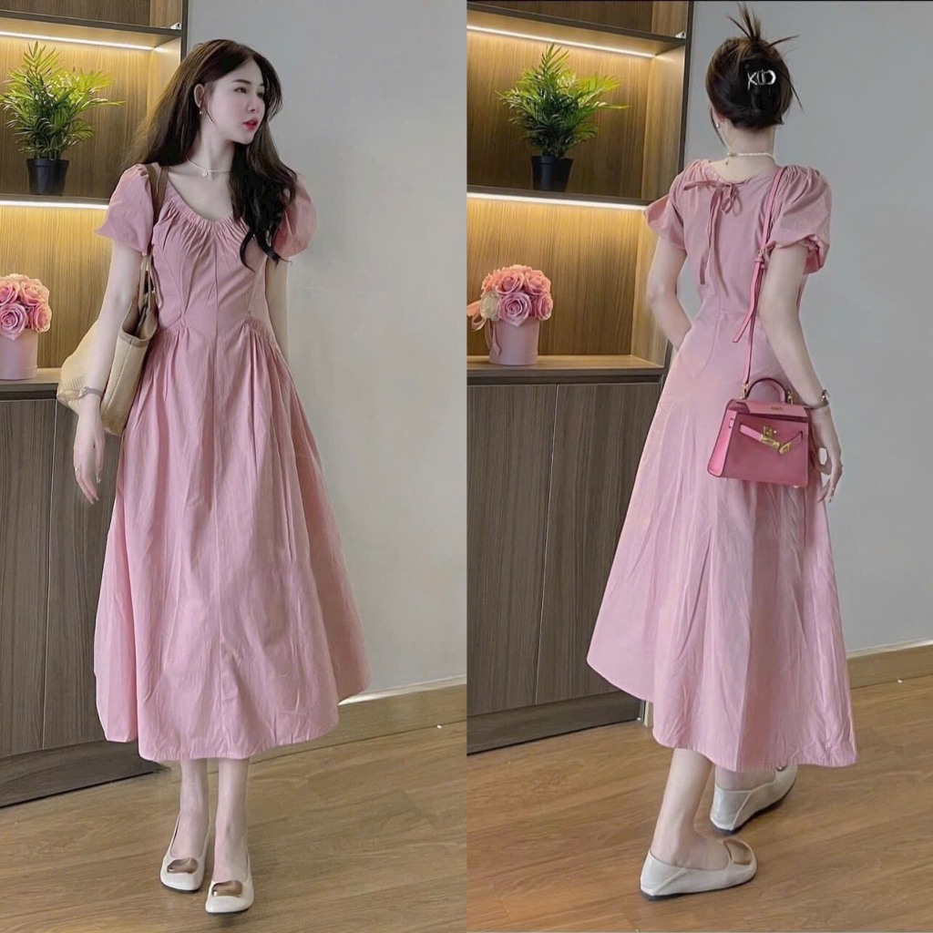 Đầm váy nữ maxi lụa họa tiết nhún chun ngực cột nơ sau với tone màu hồng dễ thương, xinh xắn phù hợp đi chơi, dự tiệc