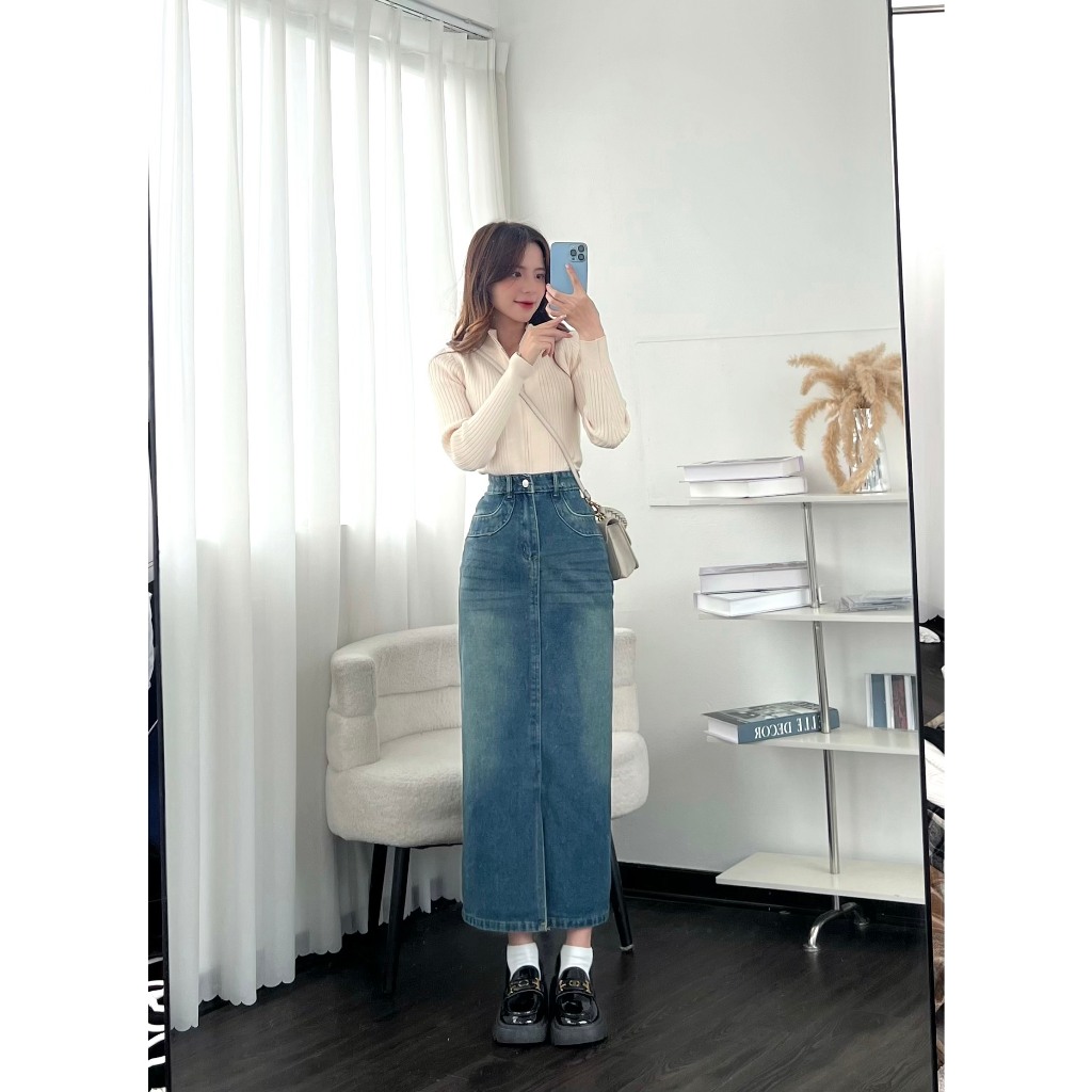Chân váy jeans xẻ trước dáng dài - 247store.vn - Chanvayjeankieu8682_P12K14