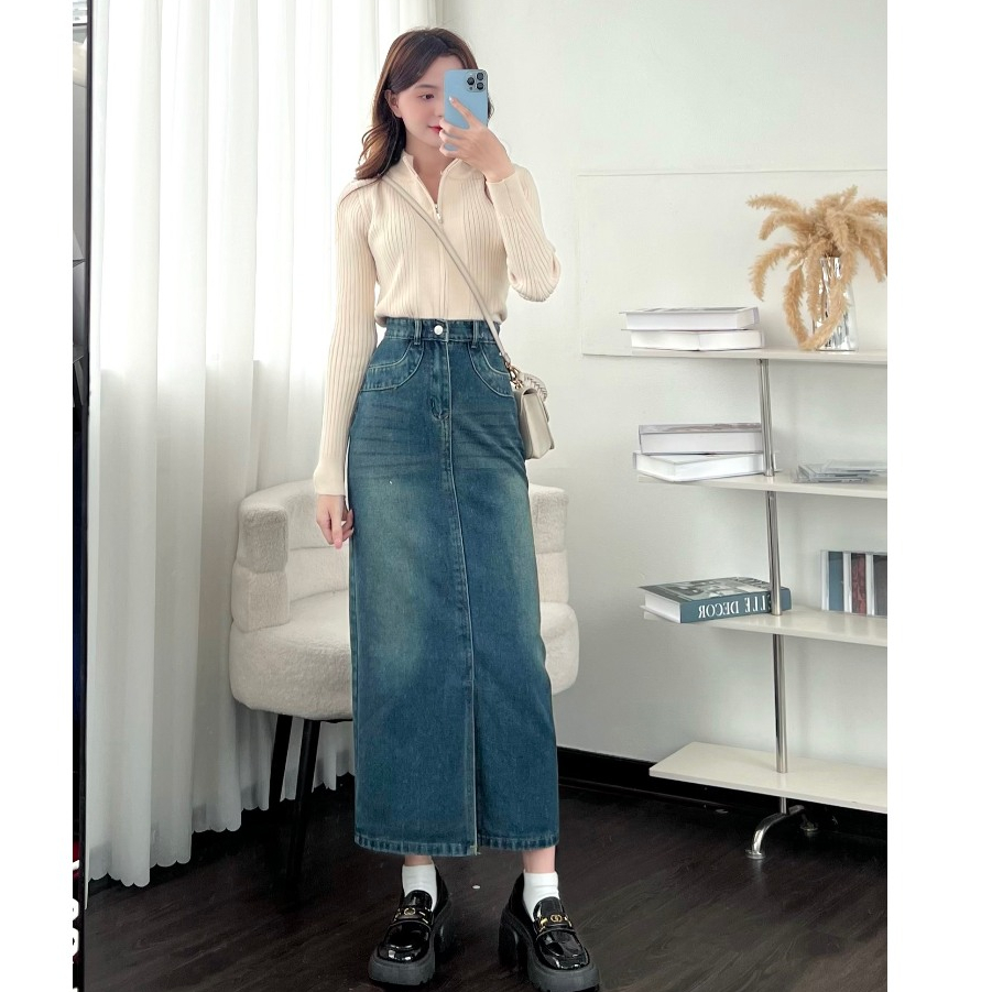Chân váy jeans xẻ trước dáng dài - 247store.vn - Chanvayjeankieu8682_P12K14