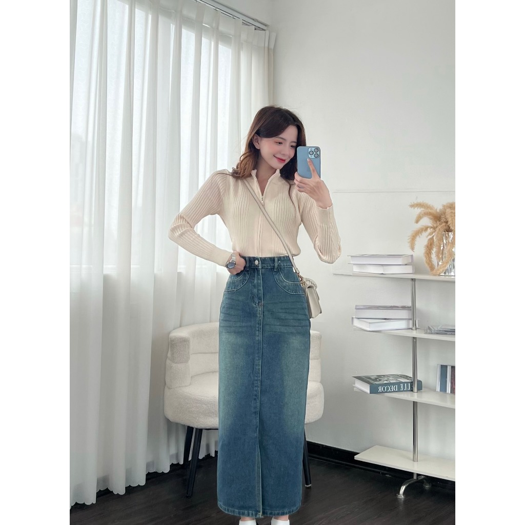 Chân váy jeans xẻ trước dáng dài - 247store.vn - Chanvayjeankieu8682_P12K14