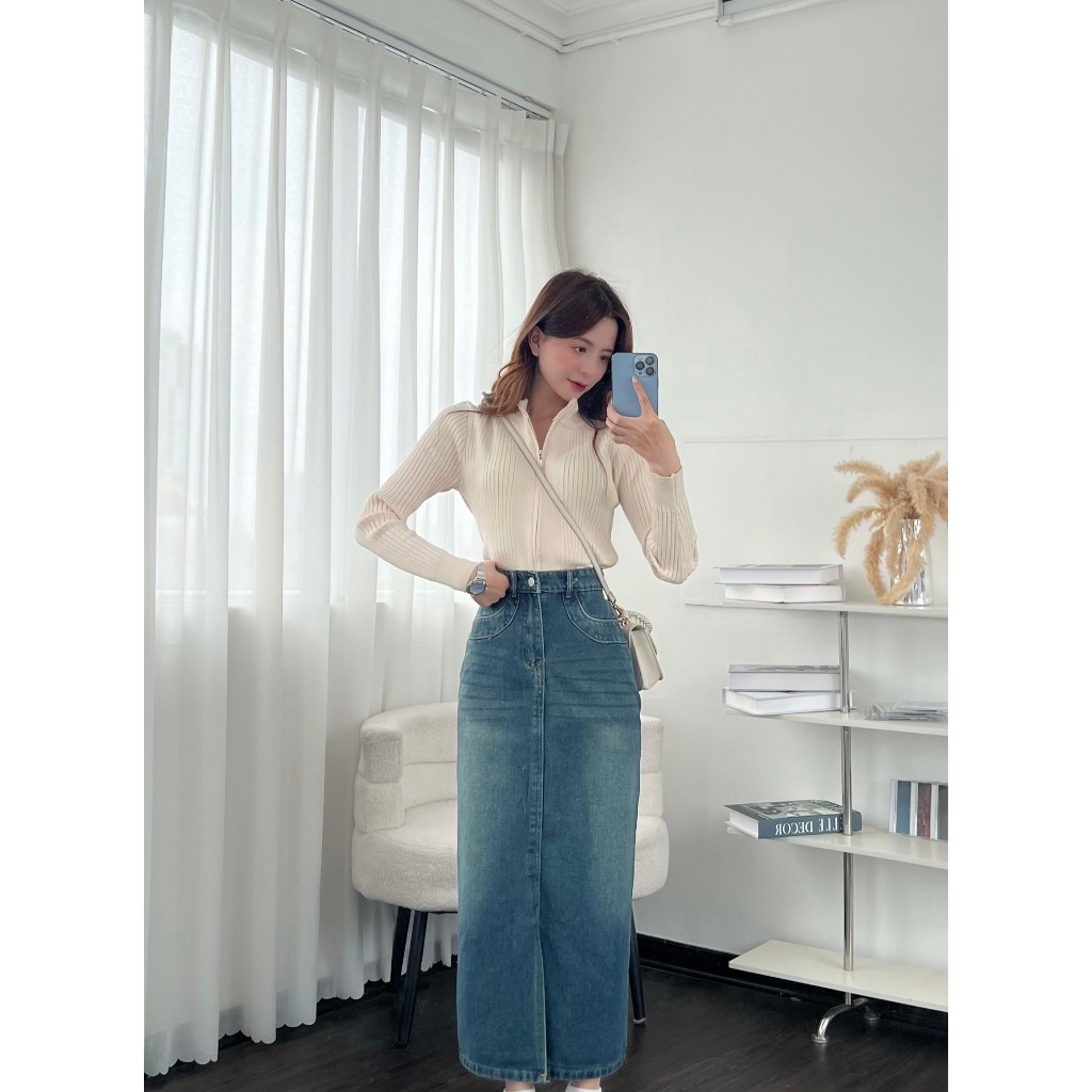Chân váy jeans xẻ trước dáng dài - 247store.vn - Chanvayjeankieu8682_P12K14