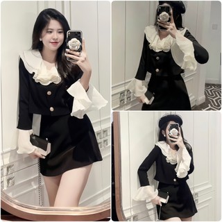 Sét váy nhung bánh bèo lòe xòe bèo cổ bèo tay + chân váy có quần trong