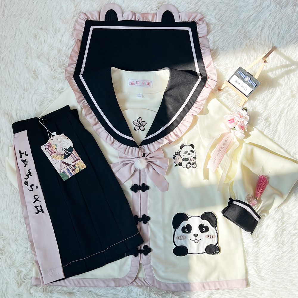 Seifuku/ Set váy đồng phục học sinh Nhật Bản: áo cổ thủy thủ thêu hoa anh đào và gấu trúc + chân váy xòe